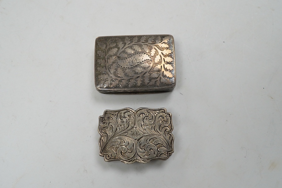 A late George III silver rectangular vinaigrette, John Thropp, Birmingham, 1819, 39mm and one other foliate scroll engraved silver vinaigrette, Birmingham, 1845. Condition - poor to fair